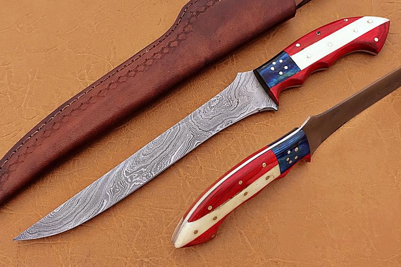 Handmade Damascus Steel Fillet-Boning Knife with Texas Flag Red-Blue Exotic Wood and Bone Handle - 13 Inch Overall Length - Image 2