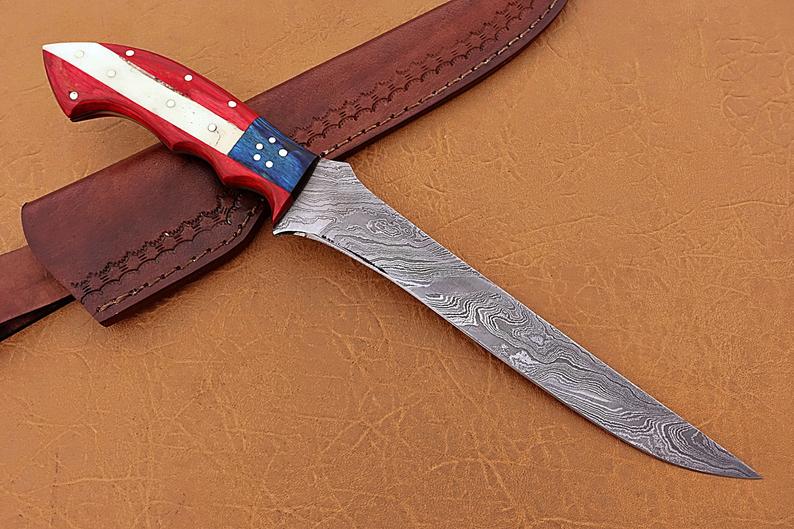 Handmade Damascus Steel Fillet-Boning Knife with Texas Flag Red-Blue Exotic Wood and Bone Handle - 13 Inch Overall Length - Image 3