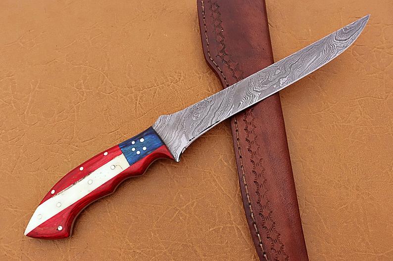 Handmade Damascus Steel Fillet-Boning Knife with Texas Flag Red-Blue Exotic Wood and Bone Handle - 13 Inch Overall Length - Image 4