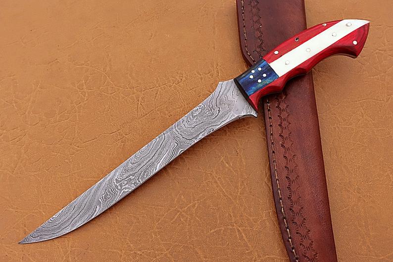 Handmade Damascus Steel Fillet-Boning Knife with Texas Flag Red-Blue Exotic Wood and Bone Handle - 13 Inch Overall Length - Image 5