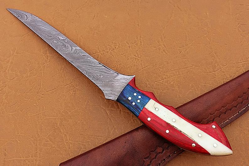 Handmade Damascus Steel Fillet-Boning Knife with Texas Flag Red-Blue Exotic Wood and Bone Handle - 13 Inch Overall Length - Image 6