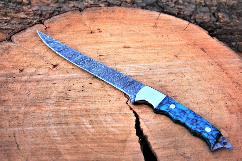Handmade Damascus Steel Fillet Knife with Epoxy Resin and Steel Bolster Handle - 13" Overall Length - Image 2