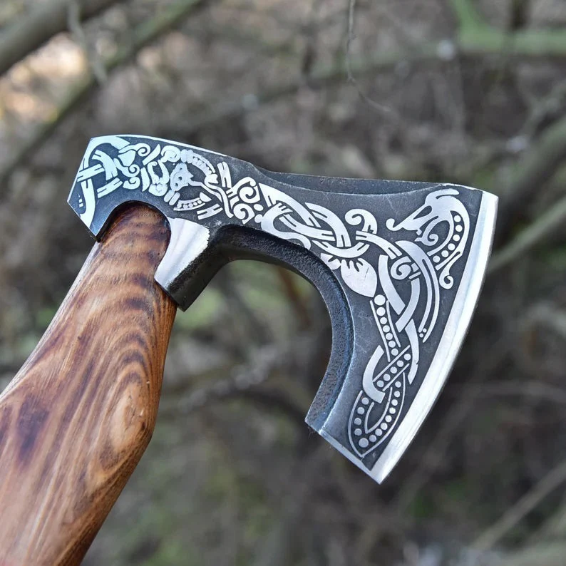 Handmade High Carbon Steel Etched Blade Functional Axe - Image 2