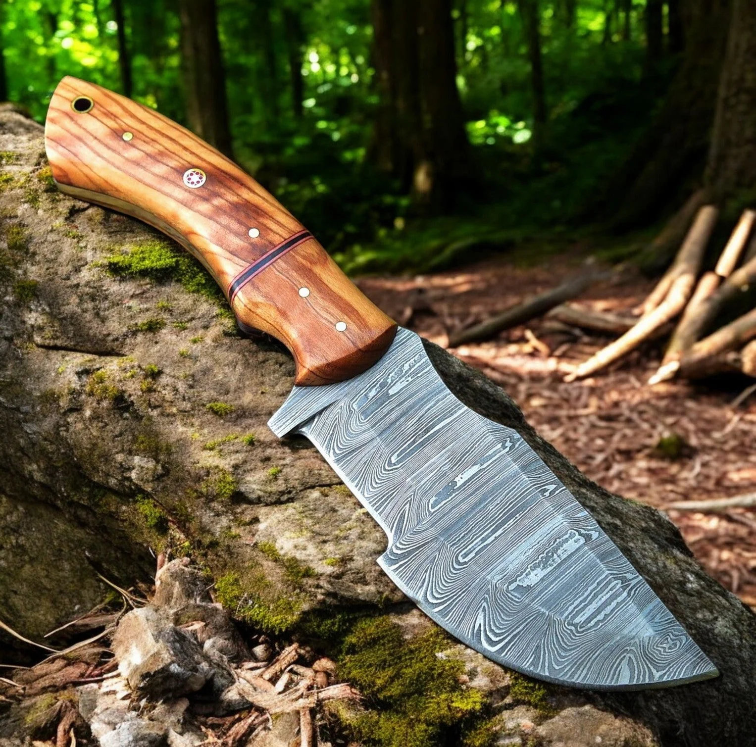 Handmade Tom Brown Tracker Knife with Damascus Steel Blade & Olivewood Handle – 10" Overall Length - Image 2