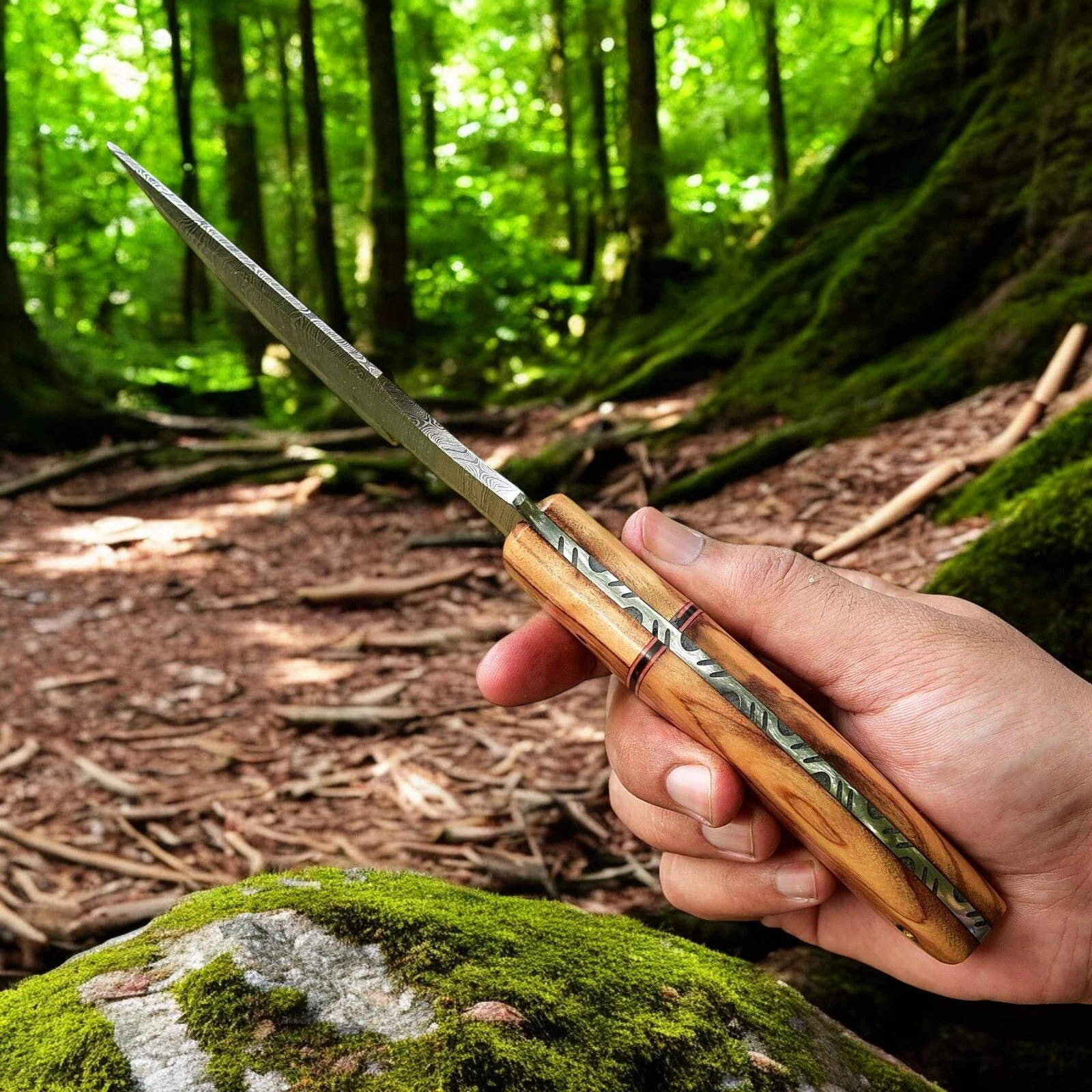 Handmade Tom Brown Tracker Knife with Damascus Steel Blade & Olivewood Handle – 10" Overall Length - Image 3