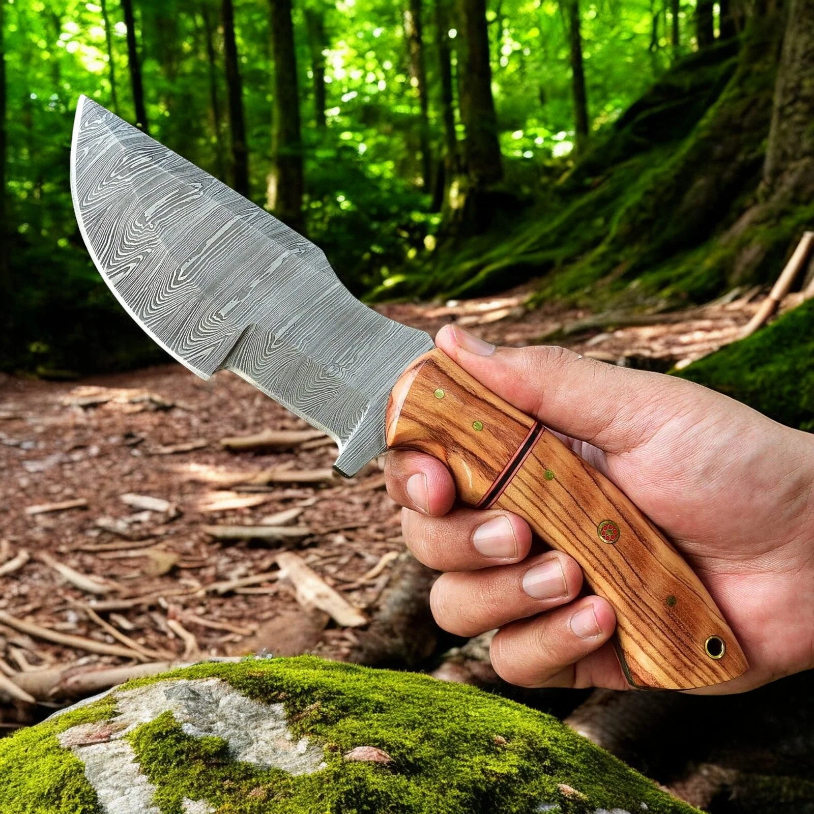 Handmade Tom Brown Tracker Knife with Damascus Steel Blade & Olivewood Handle – 10" Overall Length - Image 4