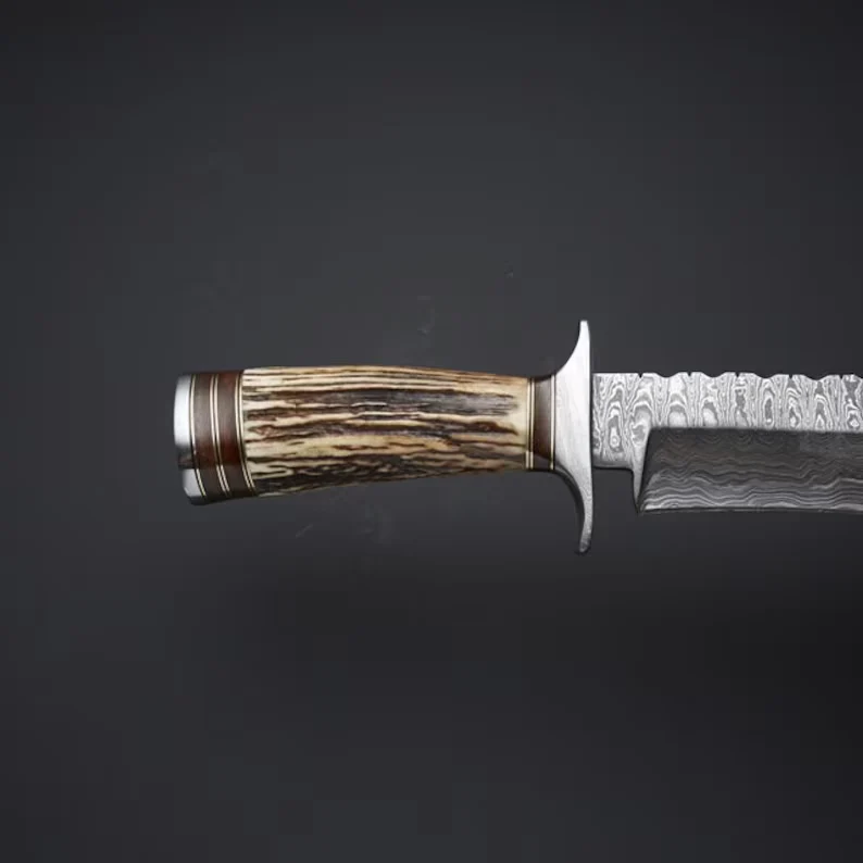 Heritage Hunter: Bowie Knife with Twist Damascus Steel Blade, Antler Horn Handle, and Leather Sheath - Image 2