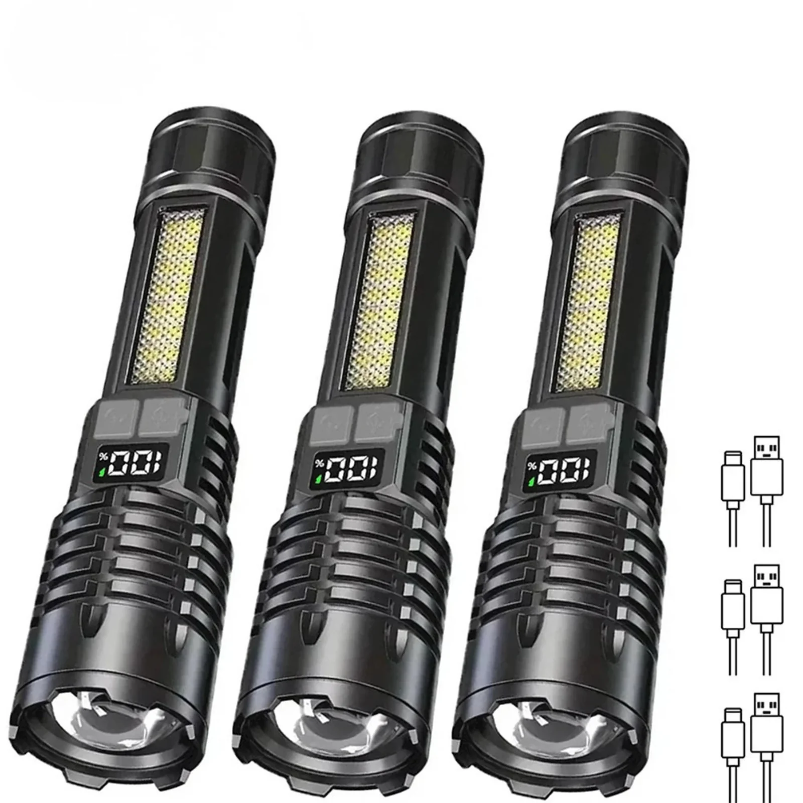 High Power LED Flashlight Type C Rechargeable COB Torch Side Light Camping