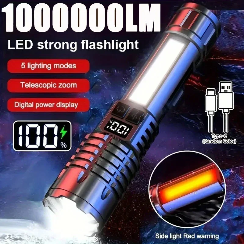 High Power LED Flashlight Type C Rechargeable COB Torch Side Light Camping - Image 4