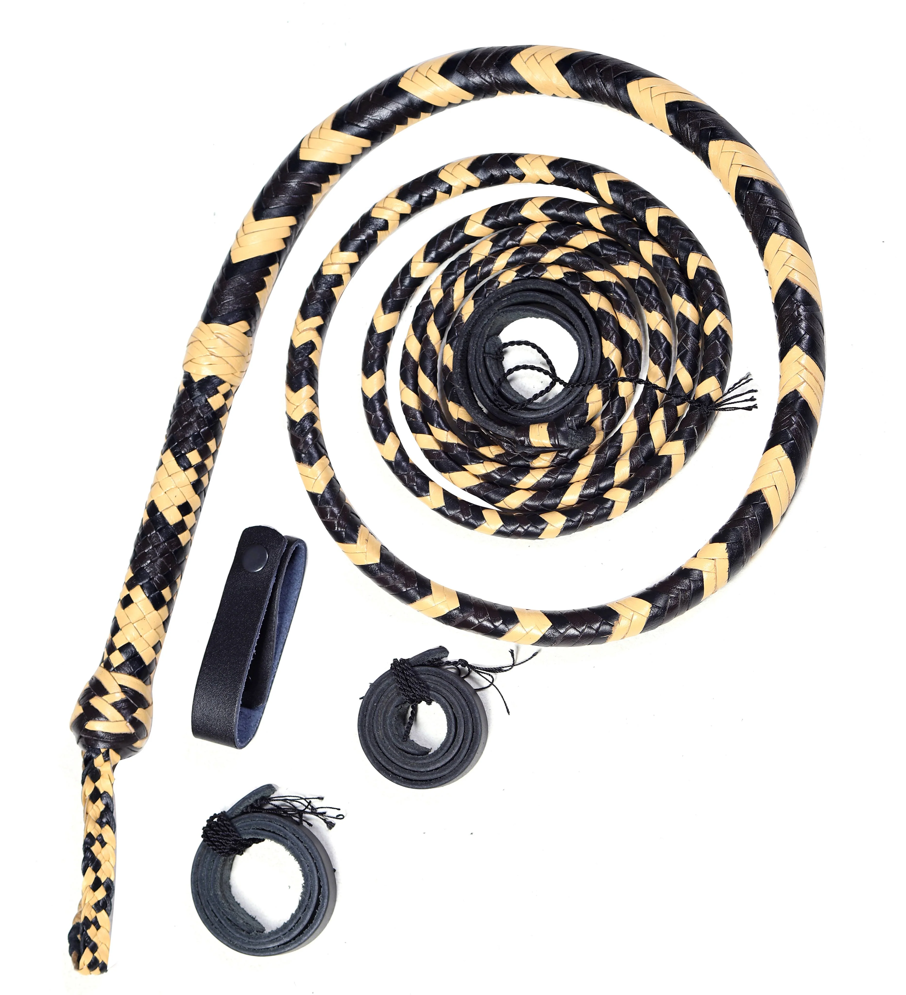 Yellow & Black Leather Bull Whip – Handmade Braided Whip - Image 2