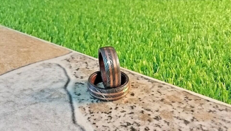 Infinite Promise Damascus Steel Vow Renewal Ring with Copper Lines and RoseWood Inlay by KBS Knives Store - Image 2