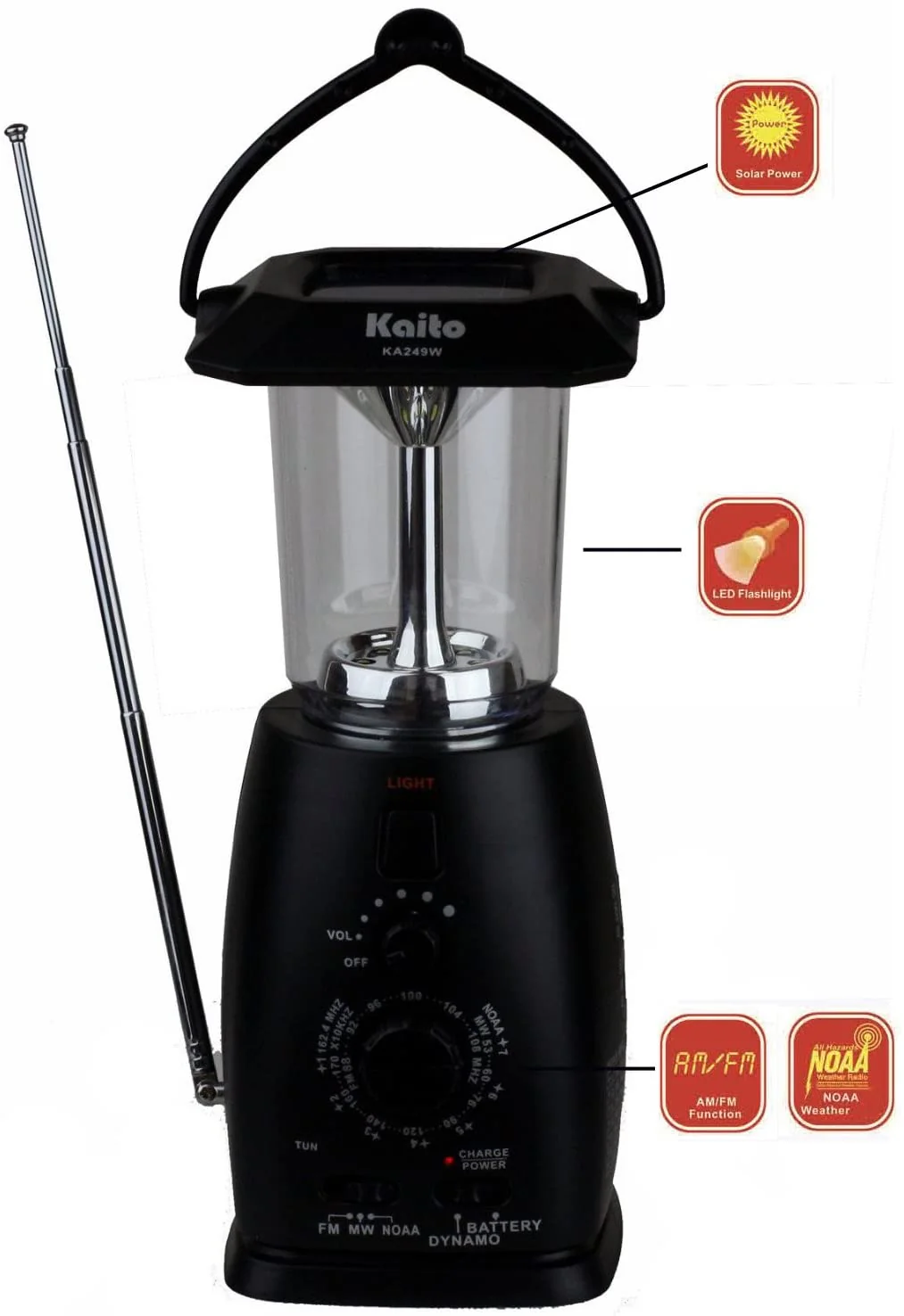 Kaito KA249W Solar Crank LED Camping Lantern with AM FM NOAA Weather Radio Black - Image 3