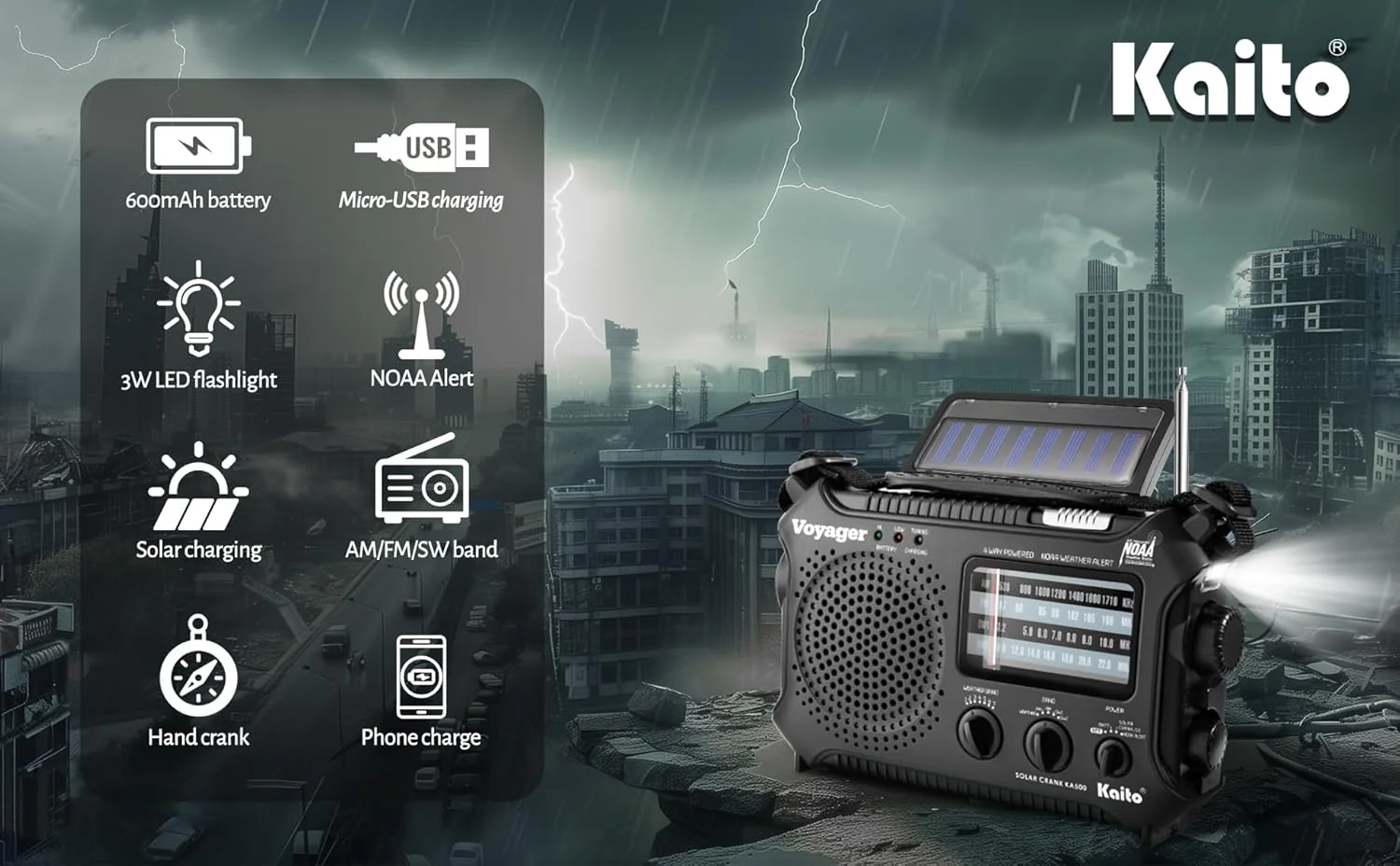 Kaito KA500 5-way Powered Emergency AM/FM/SW NOAA Weather Alert Radio with Solar,Dynamo Crank,Flashlight and Reading Lamp - Black - Image 6