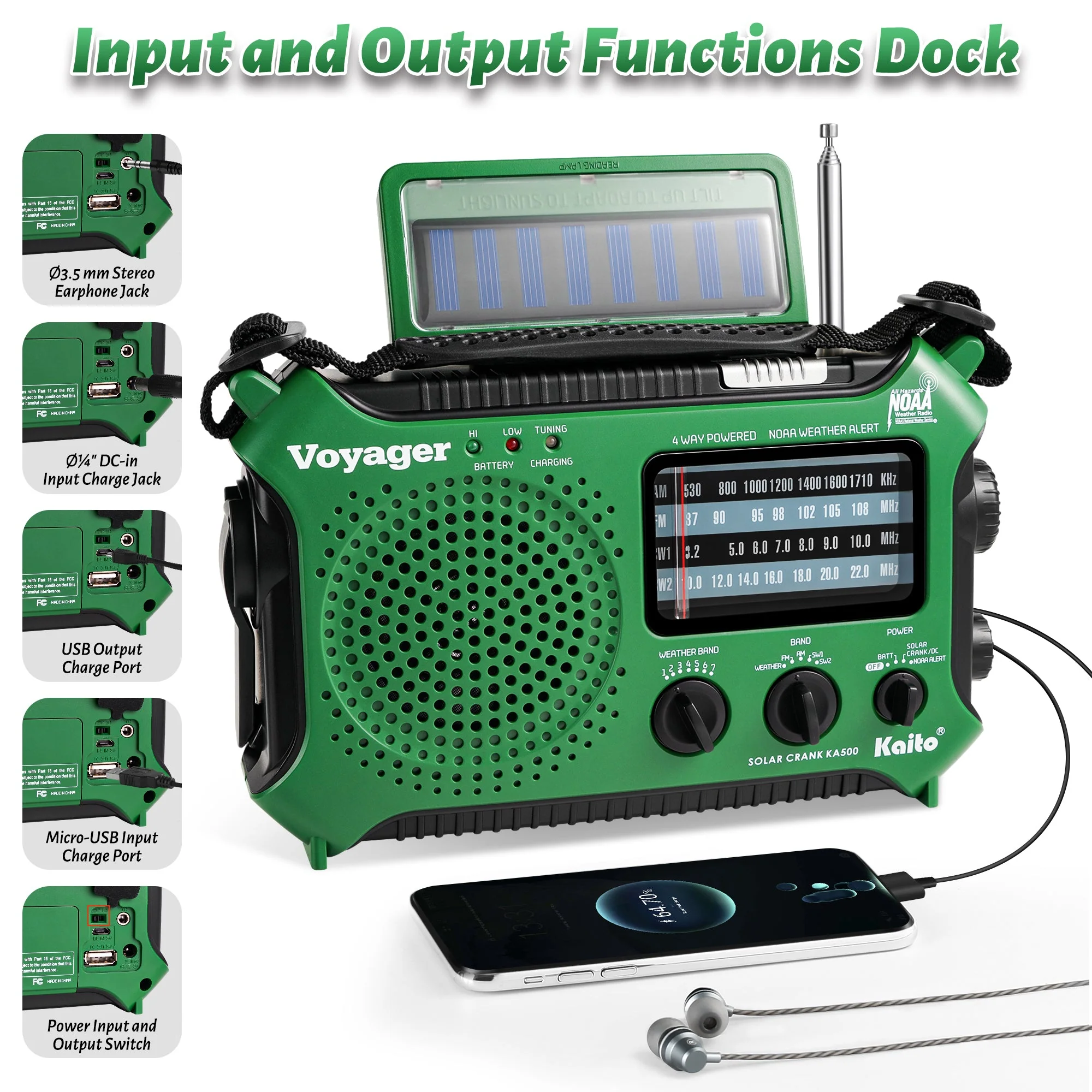 Kaito KA500 AM FM Shortwave Dynamo Solar Crank Emergency Weather Radio Green - Image 2