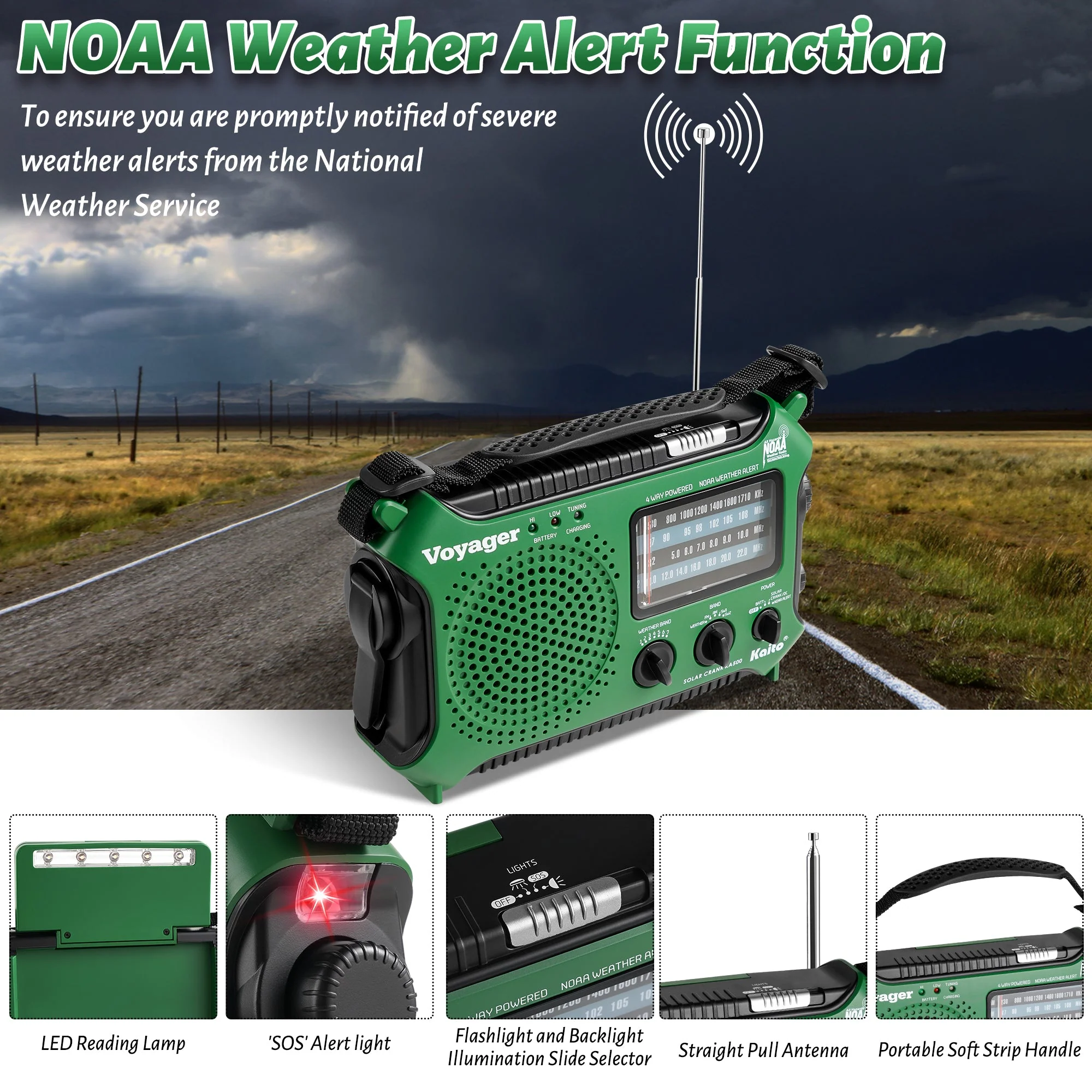 Kaito KA500 AM FM Shortwave Dynamo Solar Crank Emergency Weather Radio Green - Image 3