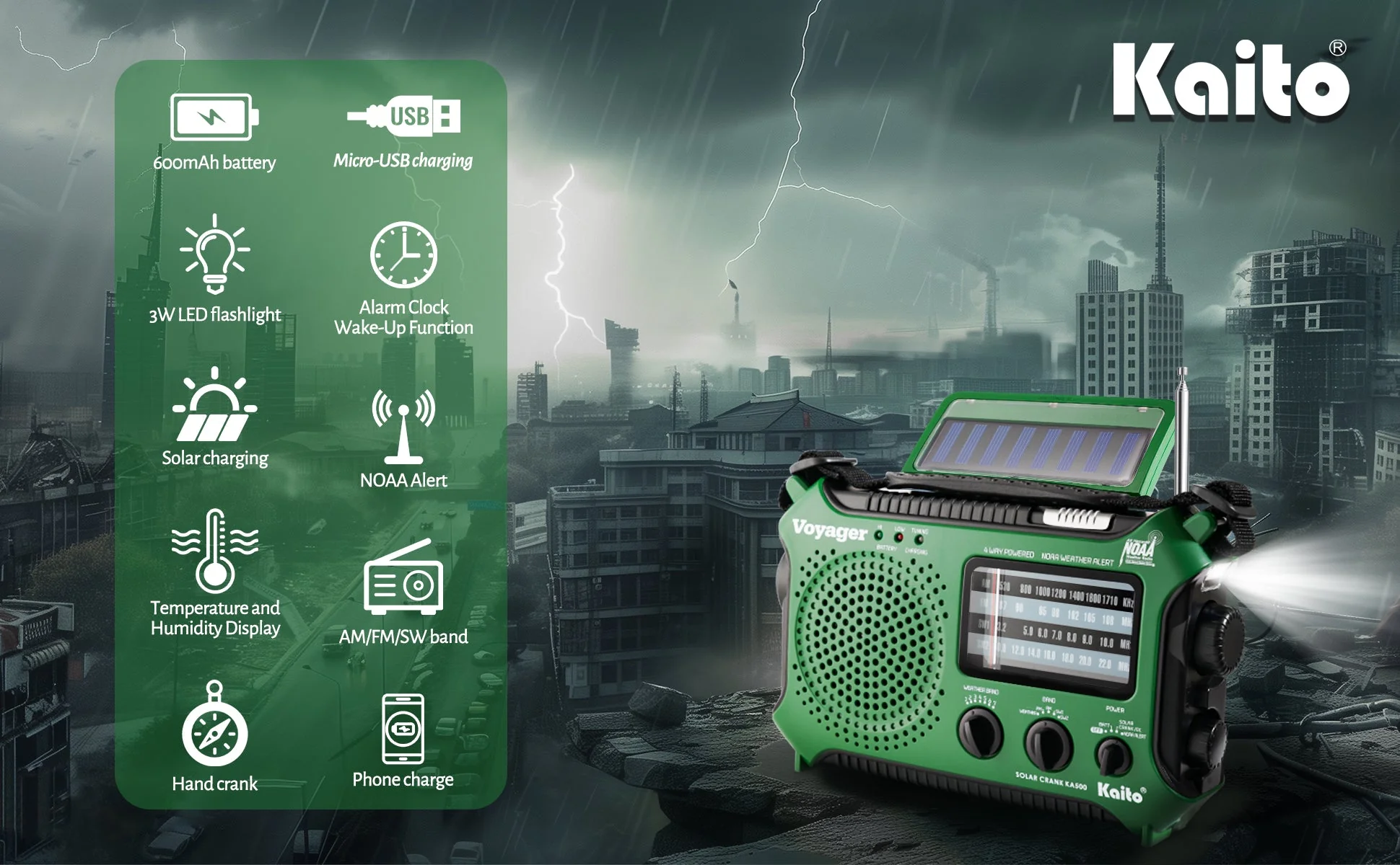Kaito KA500 AM FM Shortwave Dynamo Solar Crank Emergency Weather Radio Green - Image 4