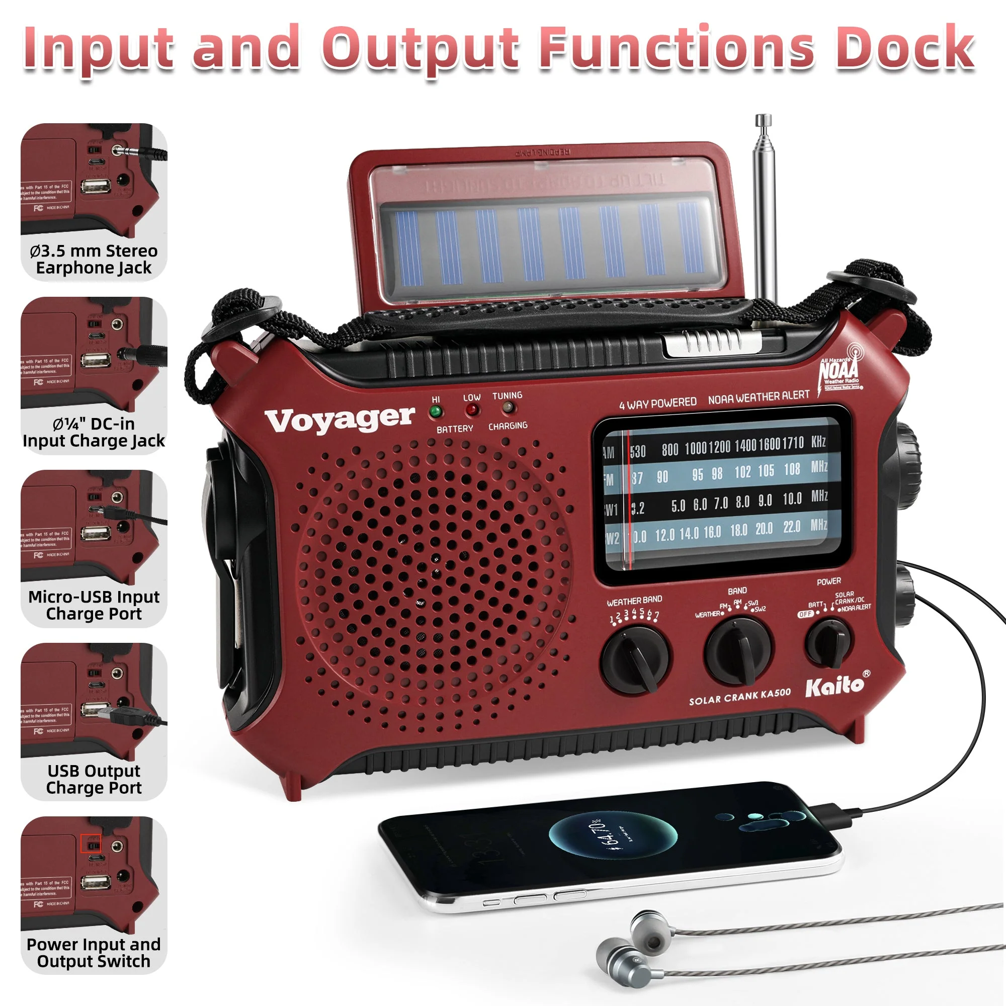 Kaito KA500 AM FM Shortwave Solar Crank Emergency Weather Alert Radio - Red - Image 2
