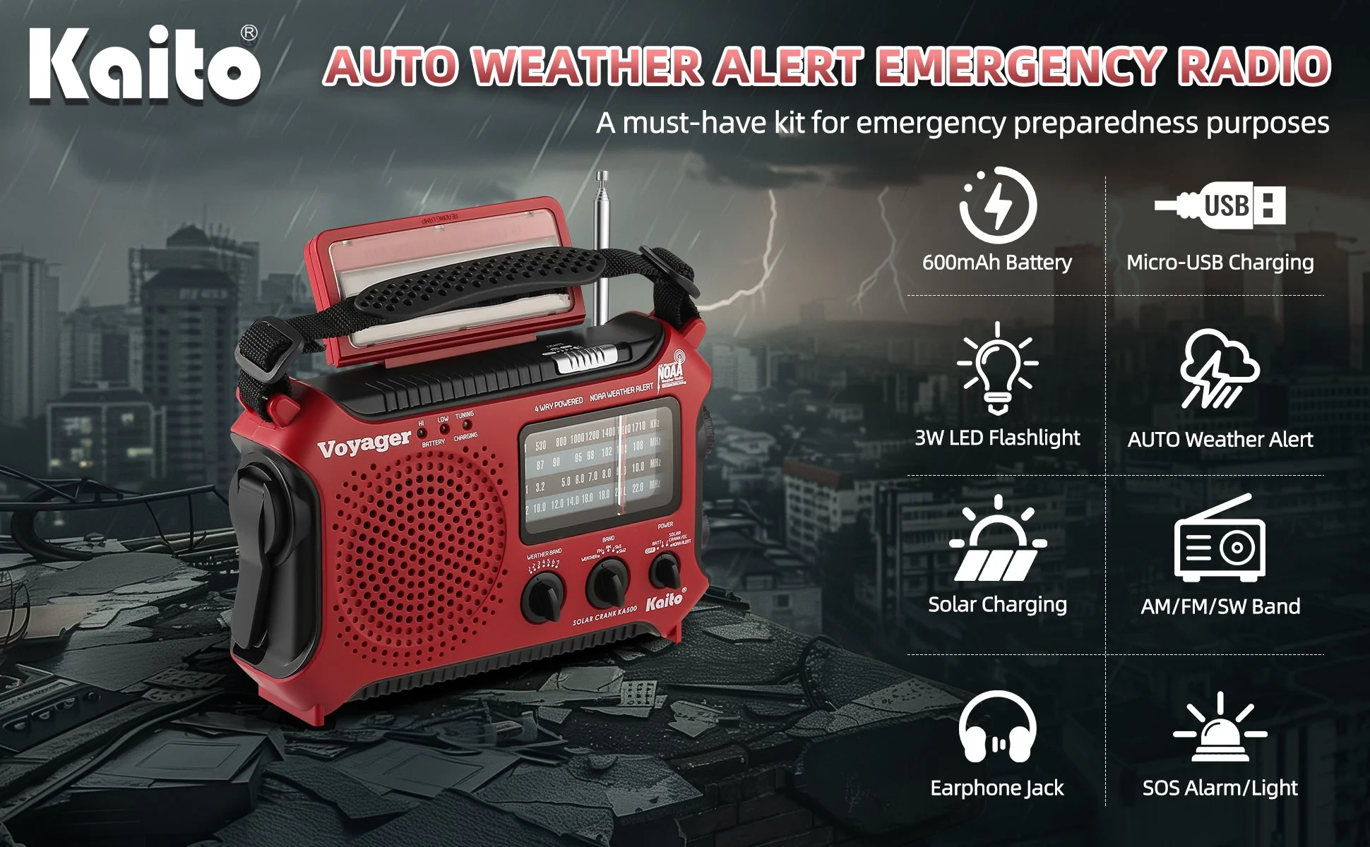 Kaito KA500 AM FM Shortwave Solar Crank Emergency Weather Alert Radio - Red - Image 3