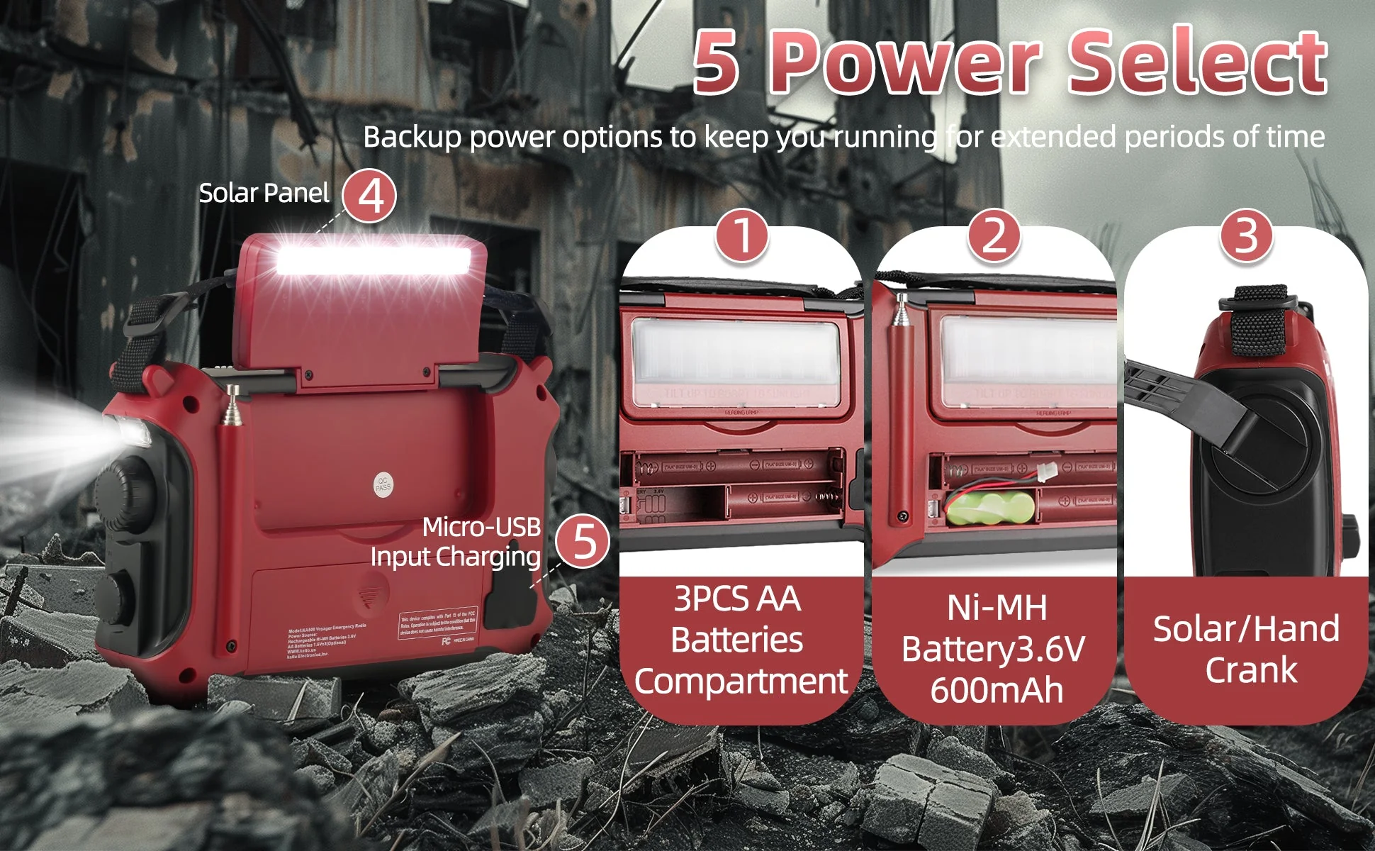 Kaito KA500 AM FM Shortwave Solar Crank Emergency Weather Alert Radio - Red - Image 4
