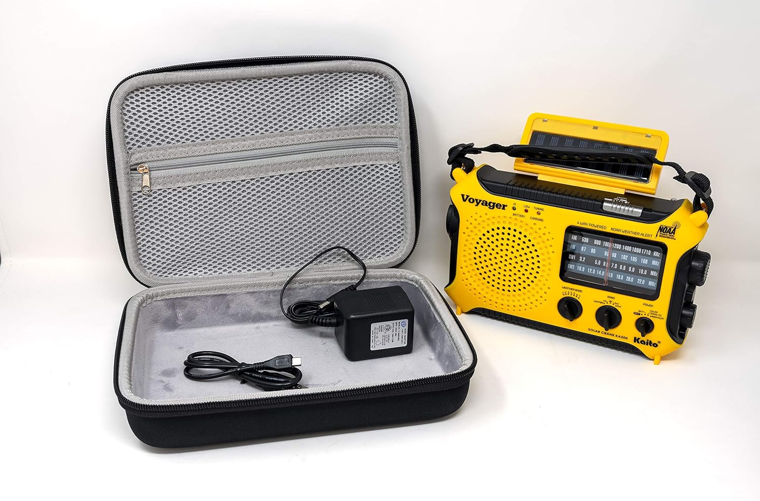Kaito KA500 Voyager Solar Crank Emergency Weather Alert Radio Bundle with AC Adapter and Carrying Case, Yellow - Image 4