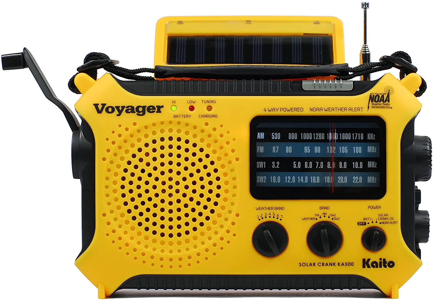 Kaito KA500 Voyager Solar Crank Emergency Weather Alert Radio with Adapter, Yellow - Image 2