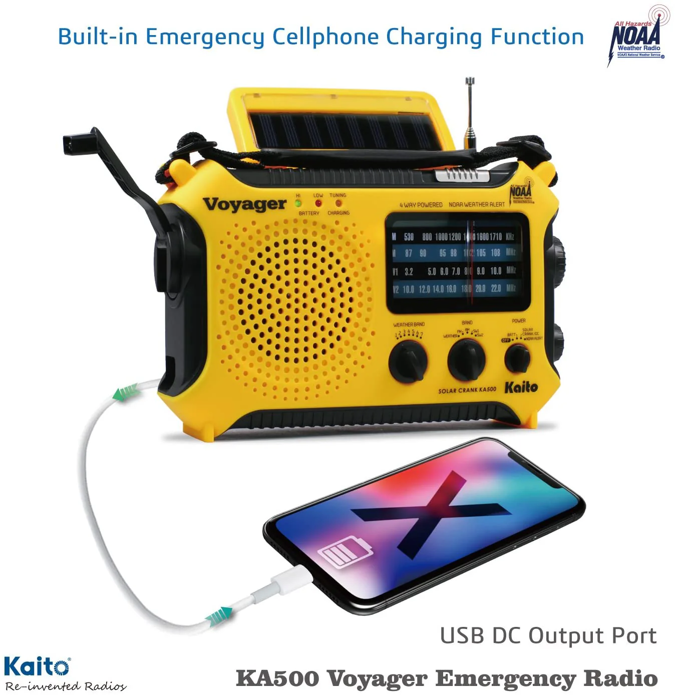 Kaito KA500 Voyager Solar Crank Emergency Weather Alert Radio with Adapter, Yellow - Image 3