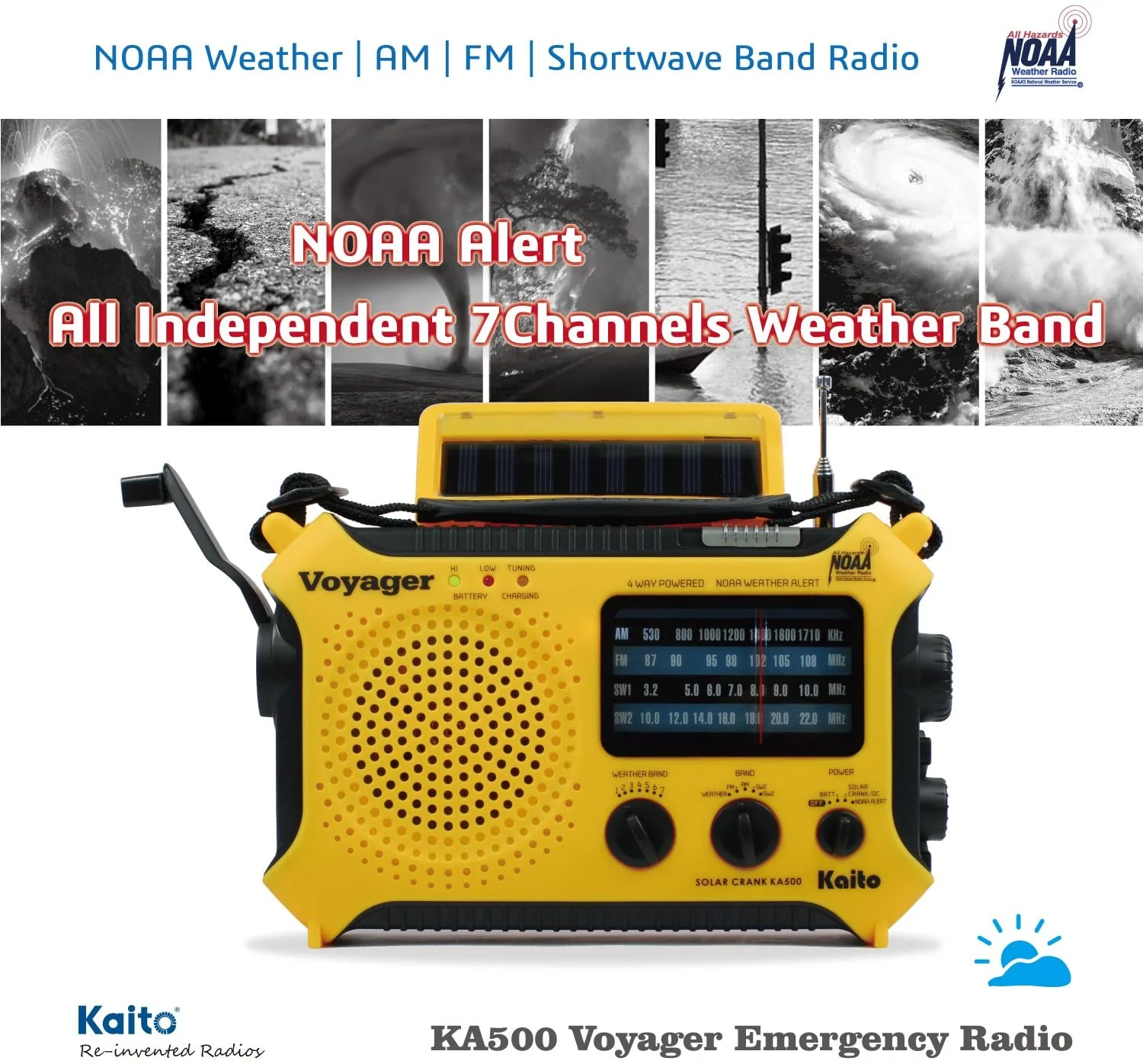 Kaito KA500 Voyager Solar Crank Emergency Weather Alert Radio with Adapter, Yellow - Image 4