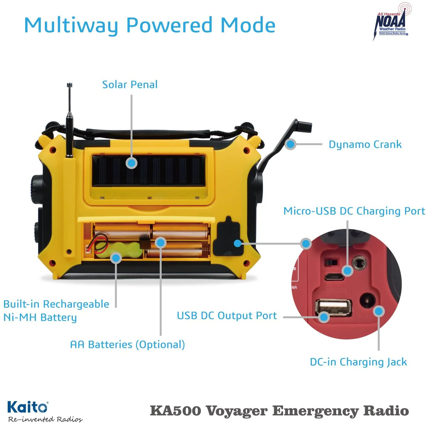 Kaito KA500 Voyager Solar Crank Emergency Weather Alert Radio with Adapter, Yellow - Image 6