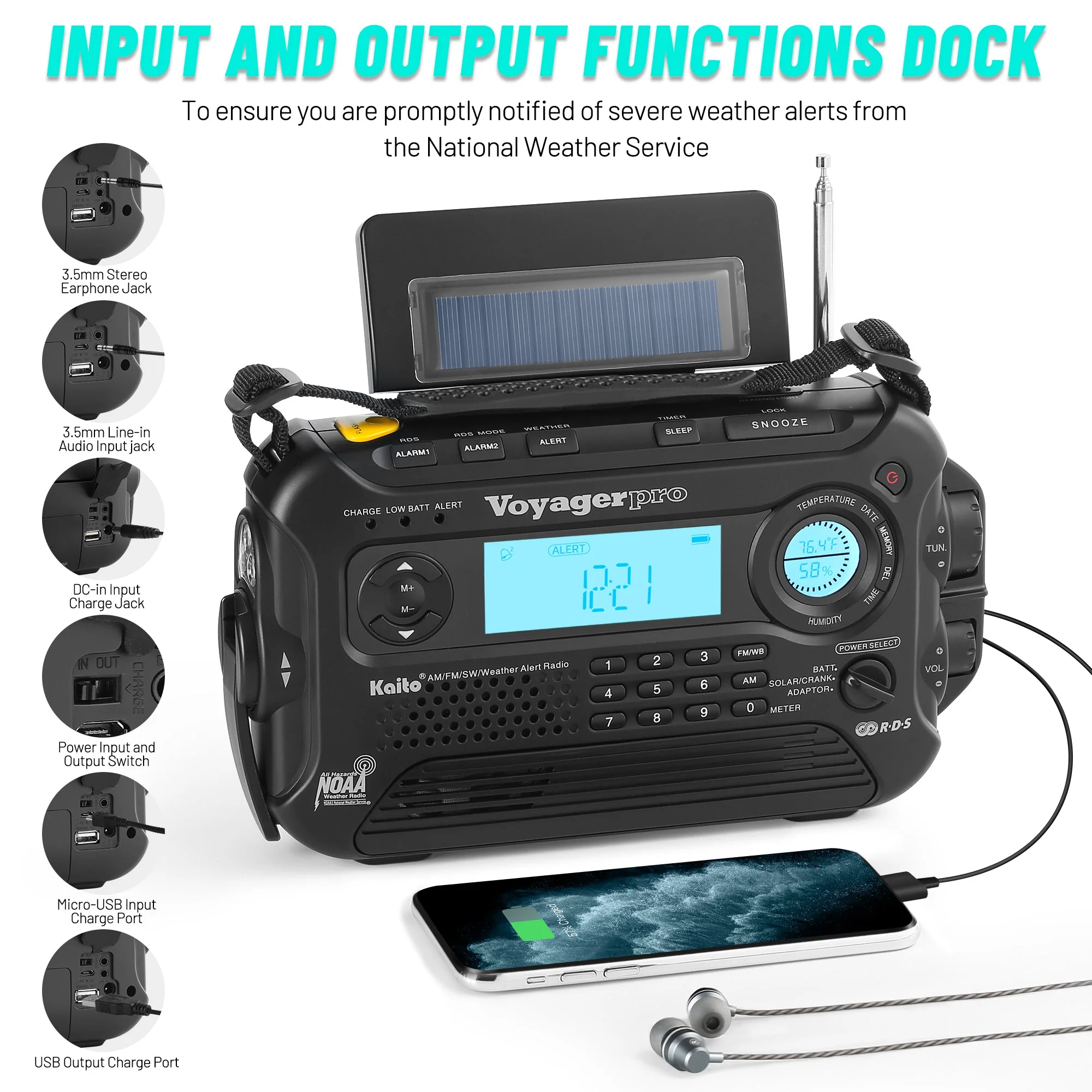 Kaito Voyager Pro KA600 Bundle Digital Solar Dynamo Wind Up Cranking AM/FM/LW/SW & NOAA Weather Emergency Radio with Flashlight, Reading Lamp Alert Smart Phone Charger with AC Adapter and T1 - Image 2