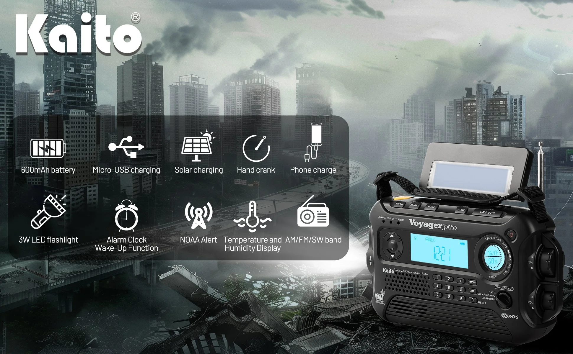 Kaito Voyager Pro KA600 Digital Solar Crank AM/FM/LW/SW NOAA Weather Radio Black - Image 10