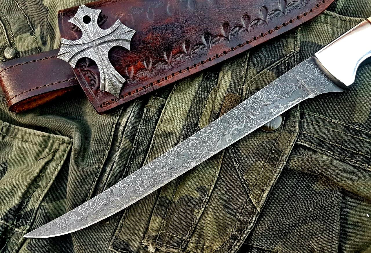 KBS Knives Store Handmade Damascus Steel Fillet Boning Knife with Bone and Steel Bolster Handle and Leather Sheath - Image 2