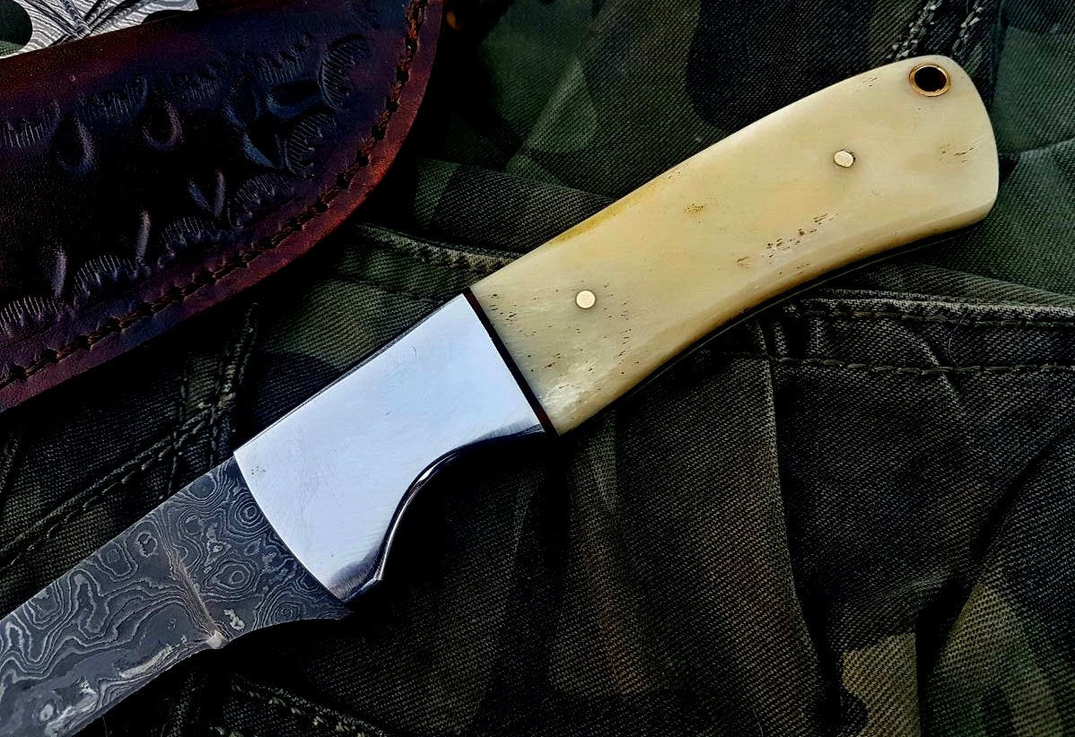 KBS Knives Store Handmade Damascus Steel Fillet Boning Knife with Bone and Steel Bolster Handle and Leather Sheath - Image 3