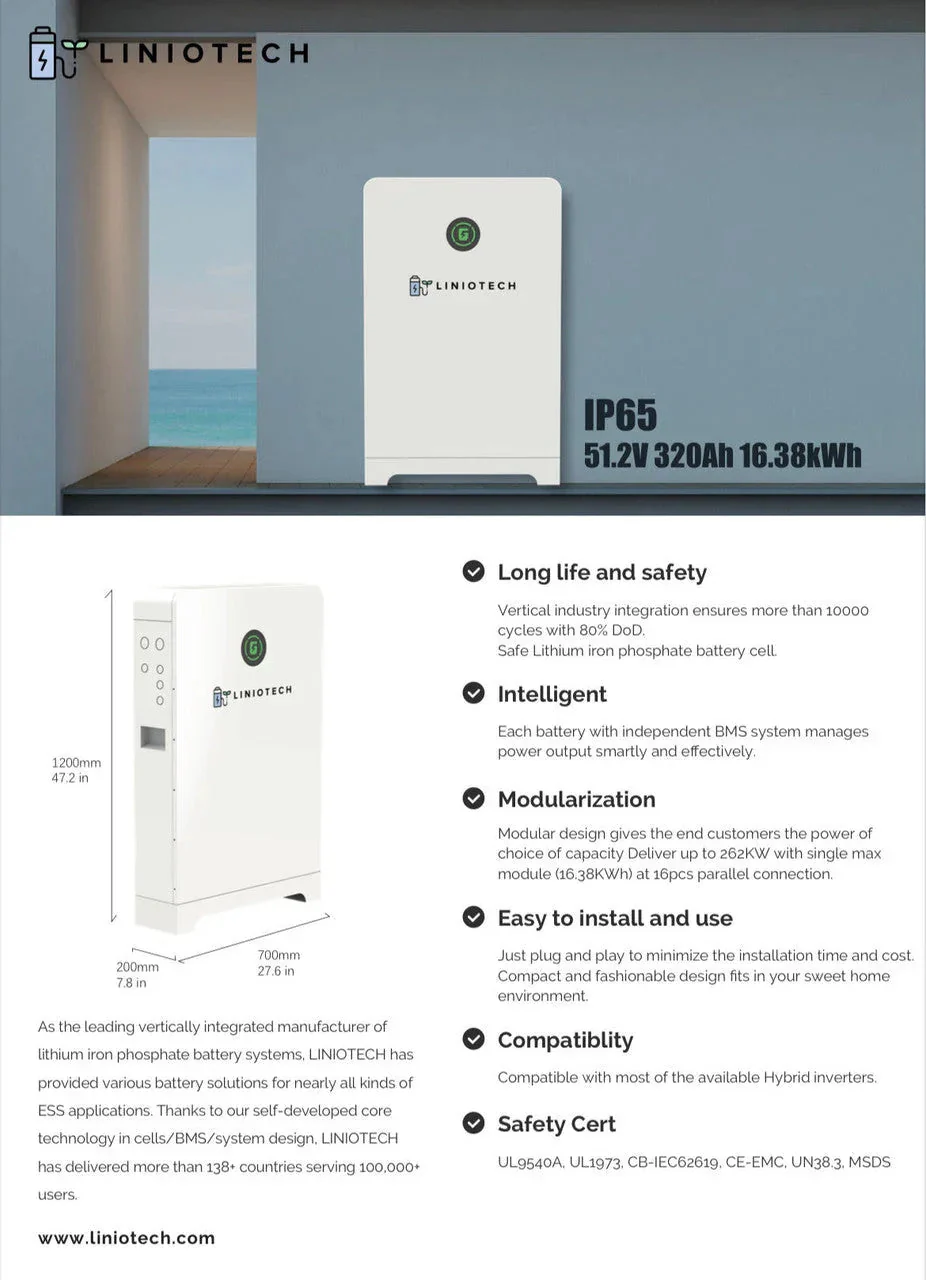 LINIOTECH 14.33kWh Lifepo4 48V 280Ah Battery Storage | IP65 Outdoor Rated Floor Mount UL1973 | Sol-Ark UL9540 | UL9540A | CEC - Image 6