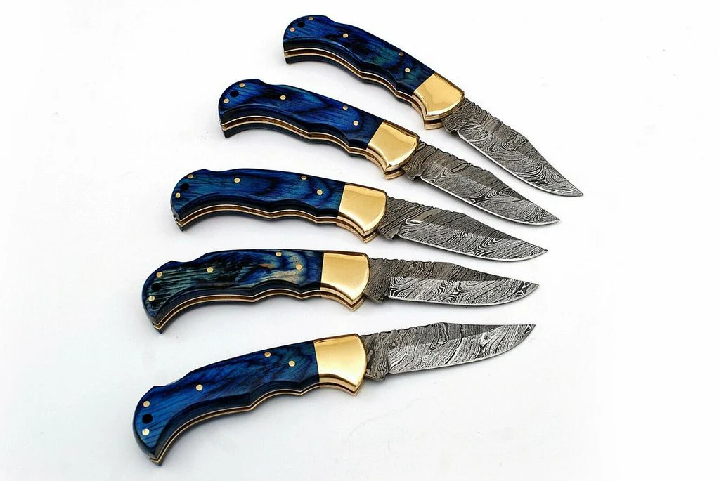 LOT OF 5 HANDMADE DAMASCUS STEEL FOLDING KNIVES - Image 2