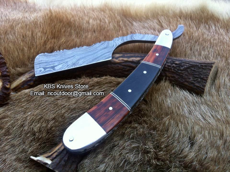 Luxury Antique Razor with Damascus Steel Blade and Buffalo Horn-Rosewood, Brass Bolsters Handle - Includes Leather Case - Available Exclusively at KBS Knives Store - Image 2