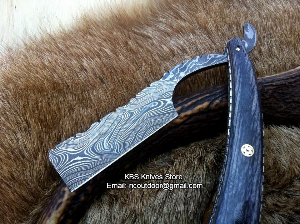Luxury Antique Razor with Damascus Steel Blade and Exotic Pakka Wood, Brass Liner Handle - Includes Leather Case - Available Exclusively at KBS Knives Store - Image 2