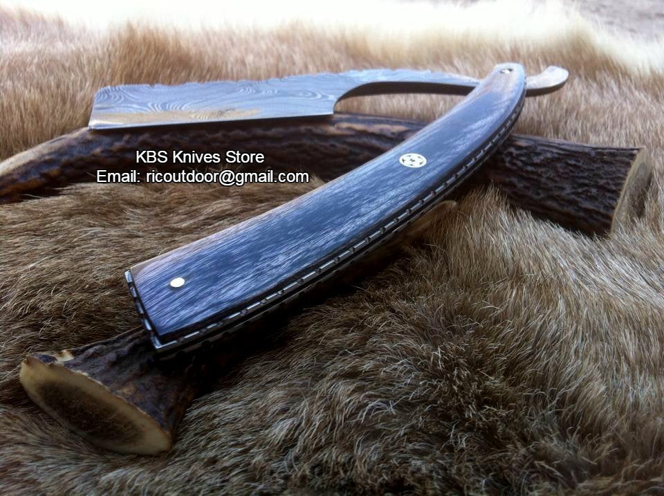 Luxury Antique Razor with Damascus Steel Blade and Exotic Pakka Wood, Brass Liner Handle - Includes Leather Case - Available Exclusively at KBS Knives Store - Image 3