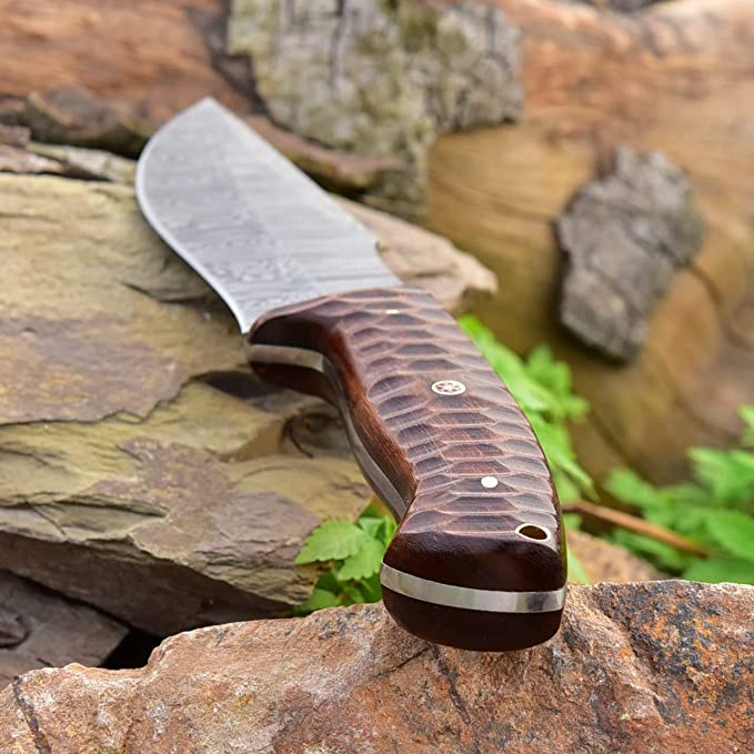 Masterpiece in Steel: 10-inch Damascus Hunting Knife with Rosewood Handle and Leather Sheath - KBS Knives Store - Image 4
