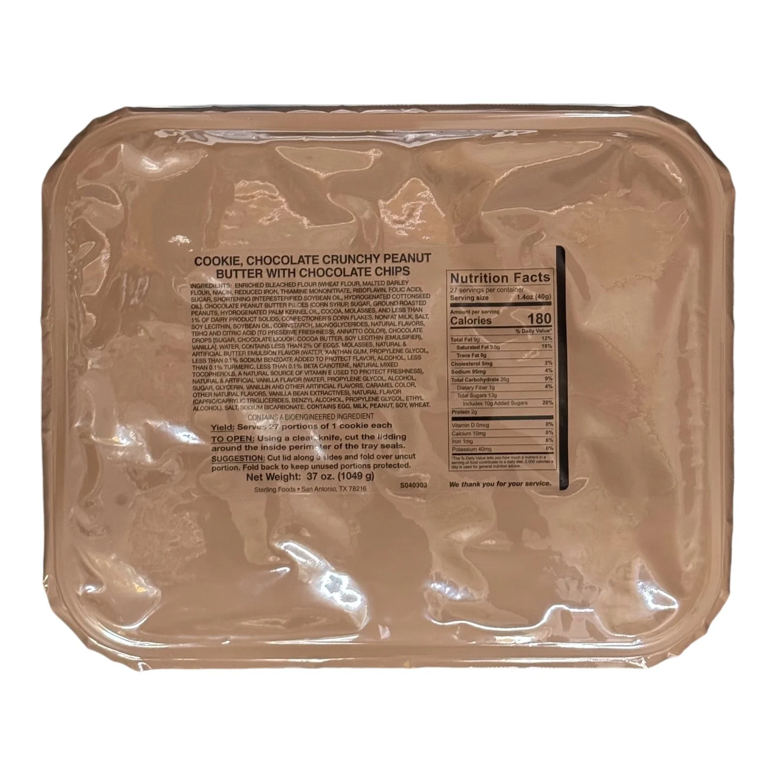 Military MRE Tray Pack, Chocolate Crunchy Peanut Butter Cookies with Chocolate Chips, Ready to Eat (UGR Component)