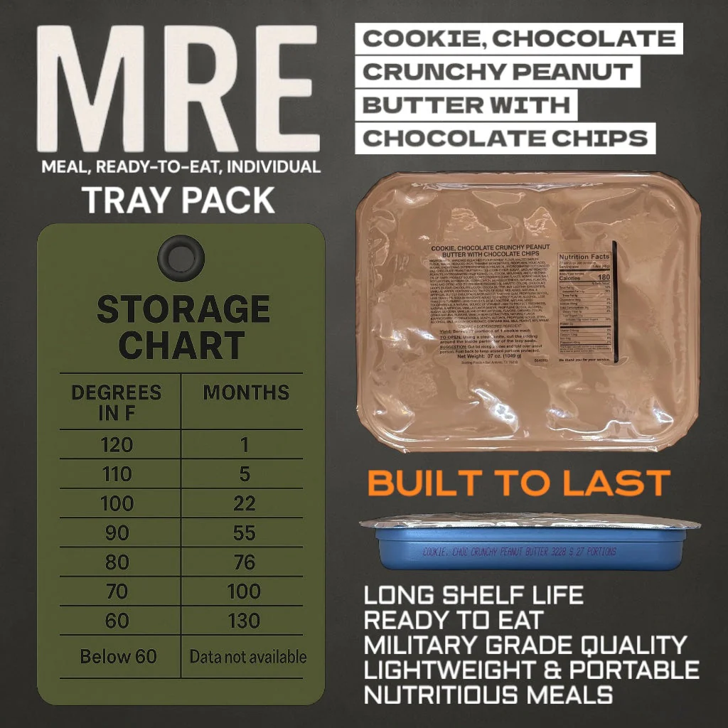 Military MRE Tray Pack, Chocolate Crunchy Peanut Butter Cookies with Chocolate Chips, Ready to Eat (UGR Component) - Image 2