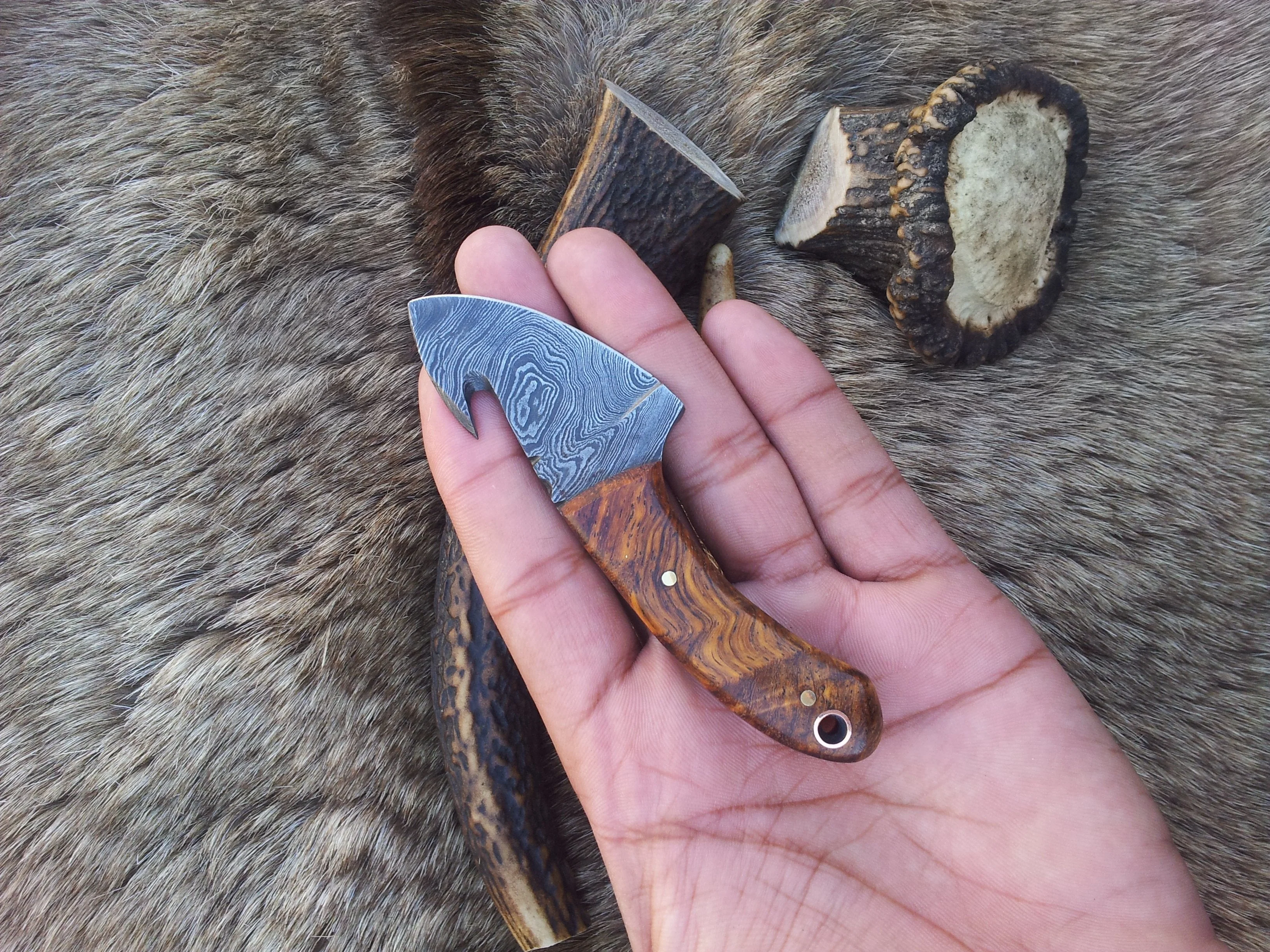 Mini Guthook Knife - Custom Damascus Steel Blade & Rosewood Handle - Image 2
