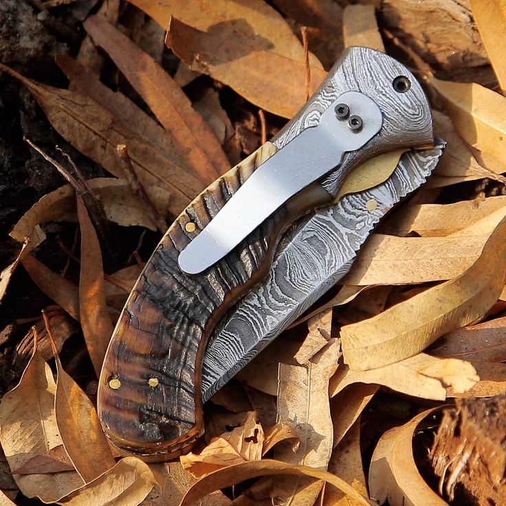 Mountain Majesty - Custom Handcrafted Damascus Steel Folding Pocket Knife with Sheep Horn Handle and Damascus Bolster - Image 2