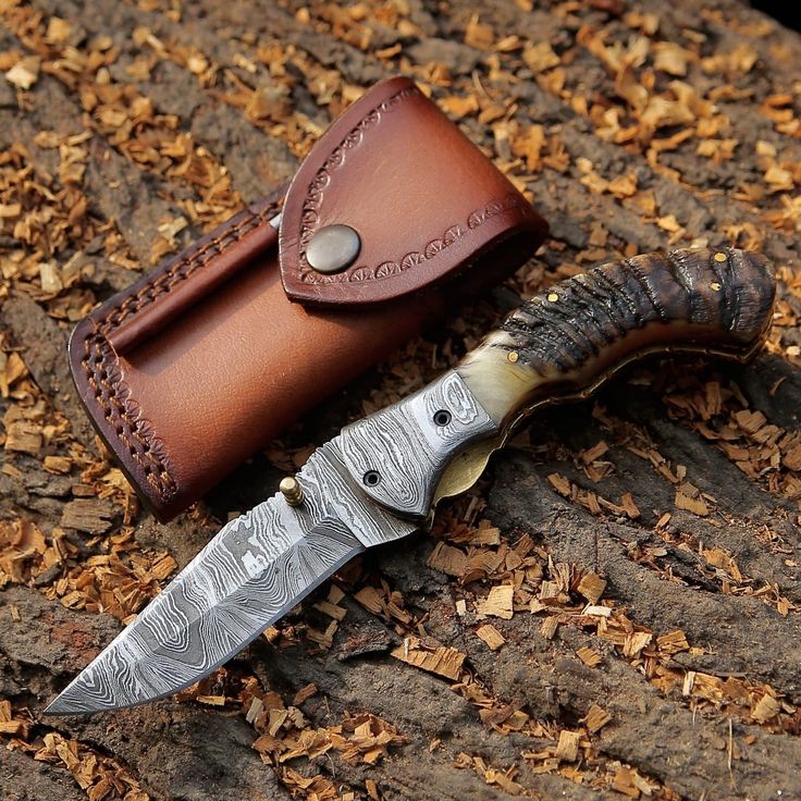 Mountain Majesty - Custom Handcrafted Damascus Steel Folding Pocket Knife with Sheep Horn Handle and Damascus Bolster - Image 3