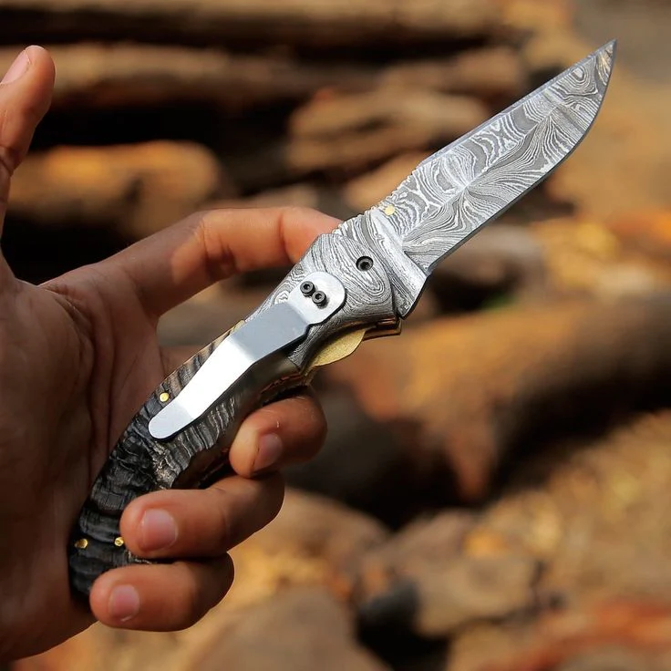 Mountain Majesty - Custom Handcrafted Damascus Steel Folding Pocket Knife with Sheep Horn Handle and Damascus Bolster - Image 4