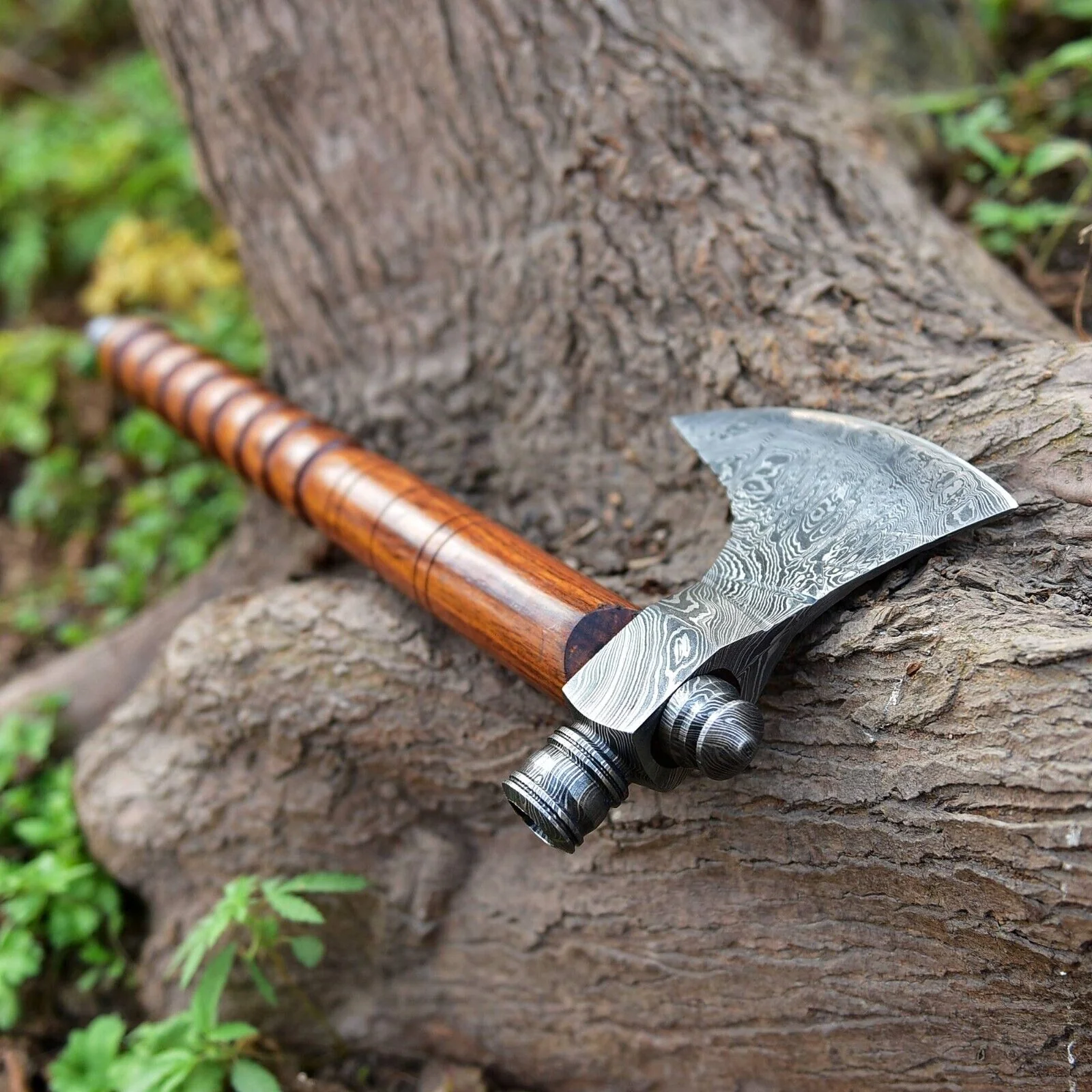 Native American Smoking Tomahawk with Custom Handmade Forged Damascus Steel Blade – "Spirit of the Pipe" - Image 2