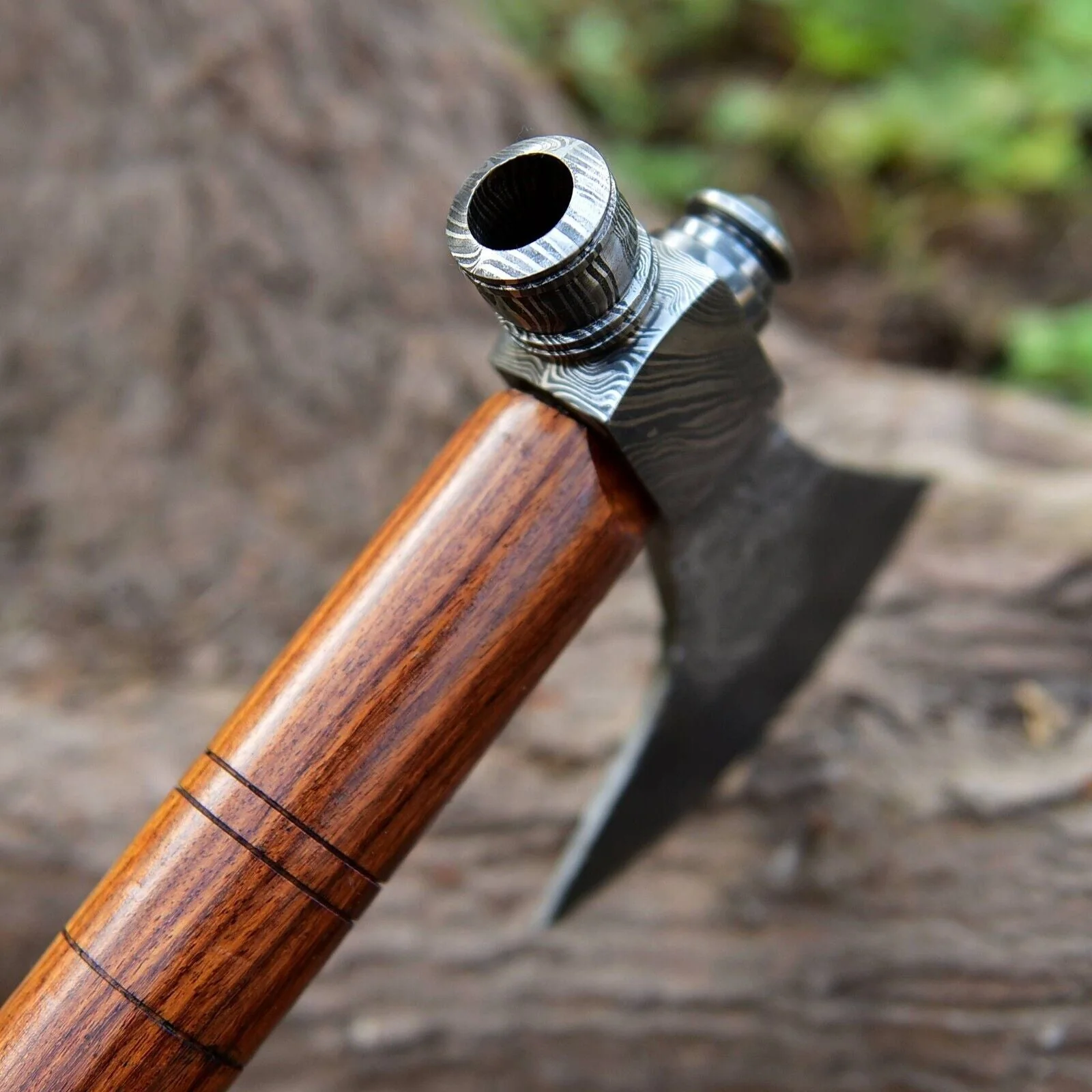 Native American Smoking Tomahawk with Custom Handmade Forged Damascus Steel Blade – "Spirit of the Pipe" - Image 3