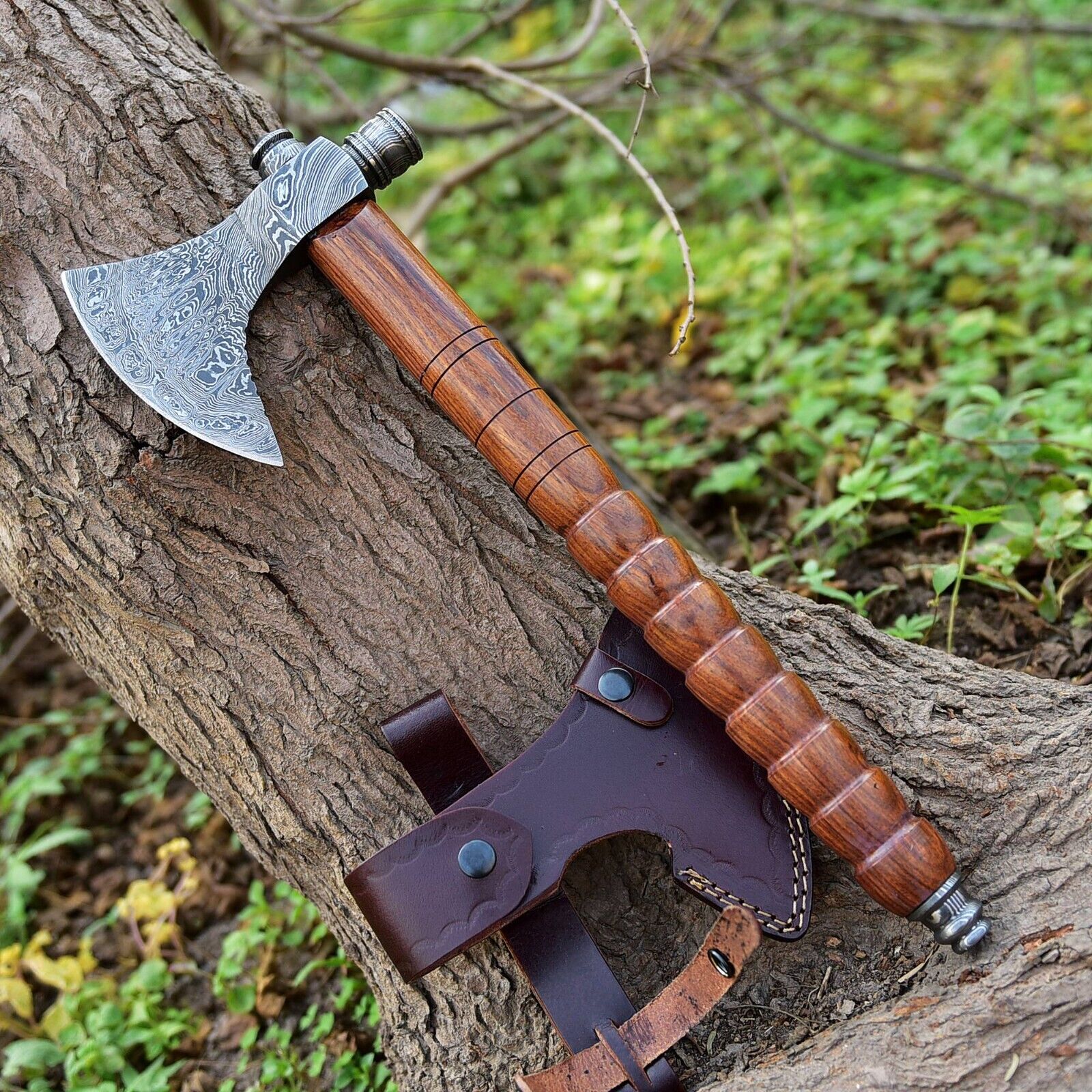 Native American Smoking Tomahawk with Custom Handmade Forged Damascus Steel Blade – "Spirit of the Pipe" - Image 4