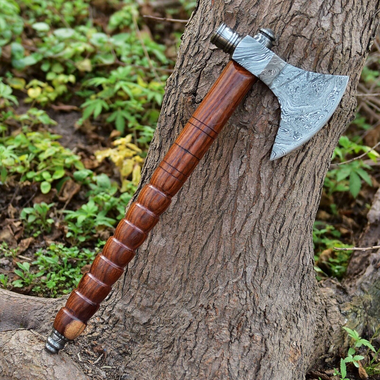 Native American Smoking Tomahawk with Custom Handmade Forged Damascus Steel Blade – "Spirit of the Pipe" - Image 6