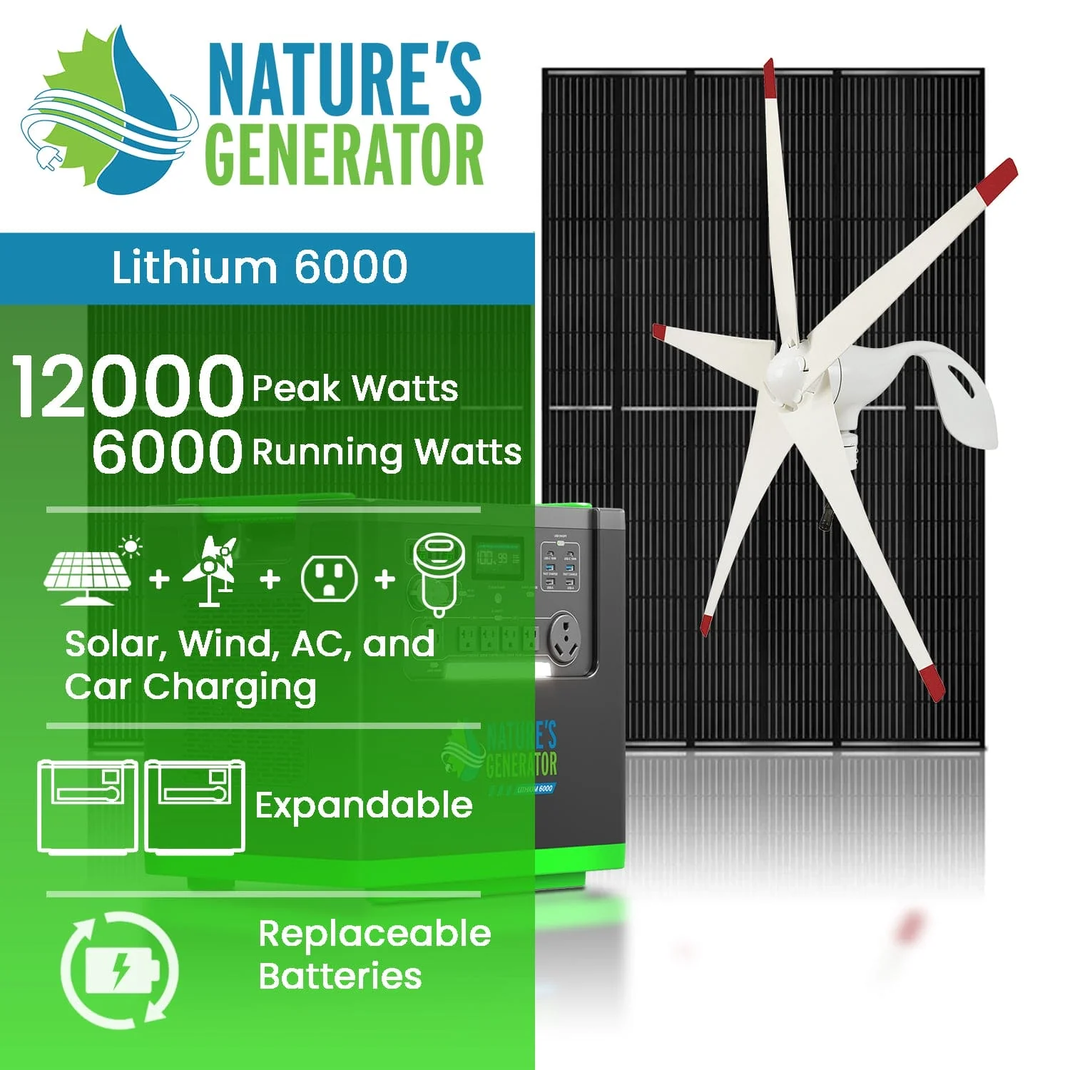 Nature's Generator Lithium 6000 with Solar Panels and Wind Turbine - Image 2