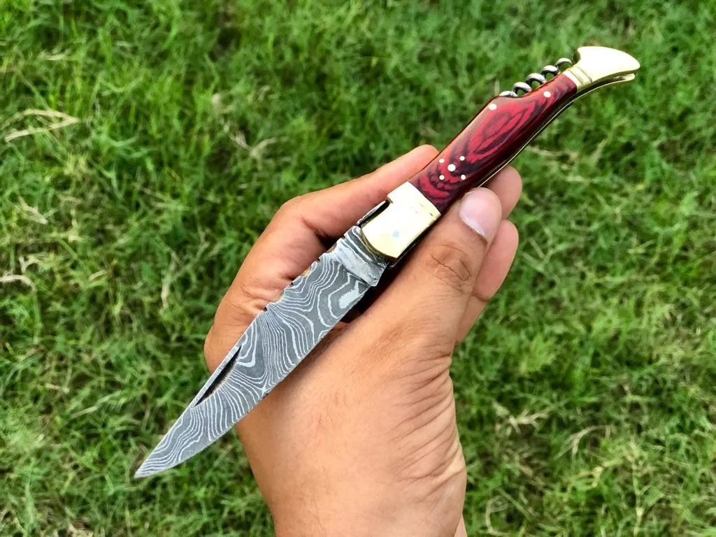 New Custom Handmade Damascus Steel Steak Blade Pocket Knife With Corkscrew Wine Opener - Image 2